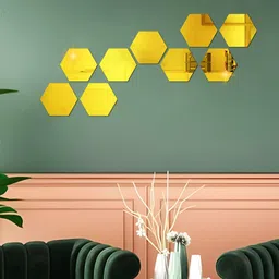 WALLWEAR Gold Toned 9 Pieces Hexagon Shape Self-Adhesive Mirror Wall Stickers-image-37