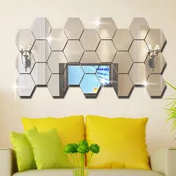 WALLWEAR Silver Toned 27 Pieces Hexagon Shaped Self Adhesive Acrylic Wall Stickers-image-33
