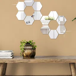 WALLWEAR Grey 12 Pieces Hexagon Shape Self-Adhesive Mirror Wall Decals and Stickers-image-6