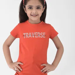 Crimsoune Club Girls Orange Typography Printed Slim Fit T-shirt-image-89
