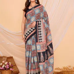 Shivanya Handicrafts Ajrak Pure Cotton Block Print Saree-image-17