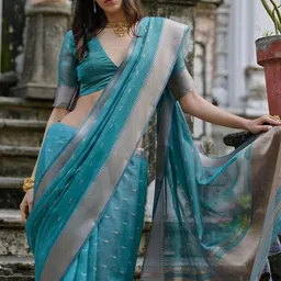 VISHNU WEAVES Sky Rama Woven Design Linen Silk Zari Butti Weaves Saree image 2