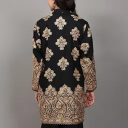 Exotic India Women Floral Woollen Longline Open Front Jacket with Embroidered image 3