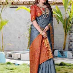 AKSH FASHION Grey Silk Blend Sarees-image-60