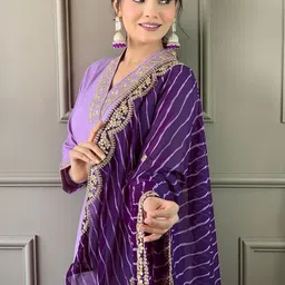 CaniBani Women Leheriya Embroidered Regular Gotta Patti Kurta with Trousers & With Dupatta image 3