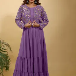 SANCIA Tiered Flared Georgette Ethnic Dress With Embroidered Crop Jacket-picture-27