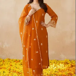 FANCIFLAIR Women Ethnic Motifs Embroidered Regular Thread Work Kurta with Trousers & With Dupatta image 2