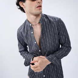 VASTRADO Men Classic Fit Vertical Striped Band Collar Casual Shirt-picture-31