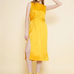 KATLINE Women Satin Round Neck Sleeveless Sheath Dress-image-3