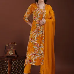 KALINI Embroidered & Floral printed Kurta with Pant & dupatta image 4