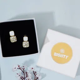 Bishty Fashion Stainless Steel Rhodium-Plated CZ Studded Square Enamelled Drop Earrings-picture-33