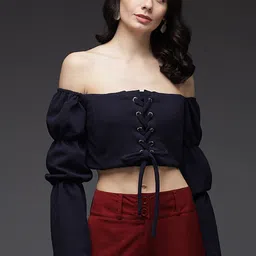 VANGULL Women Off-Shoulder Puff Sleeve Fitted Crop Top-picture-33