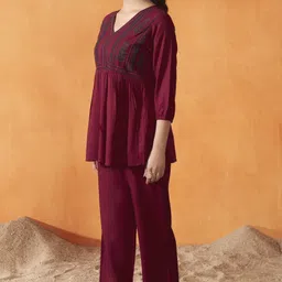 Anouk Maroon Floral Embroidered V-Neck Top With Palazzo image 5