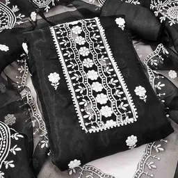 KIMISHA Floral Embroidered Thread Work Oragnza Unstitched Dress Material-image-21