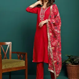 BANDIA Floral Embroidered Notch Neck Straight Kurta with Trousers & With Dupatta-picture-30