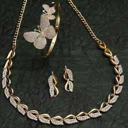 ZENEME Gold-Plated CZ Stone-Studded Necklace & AD Studded Bracelete Jewellery Set-picture-26