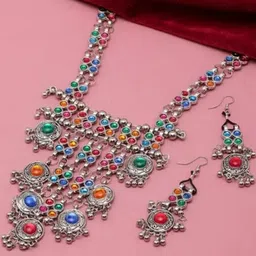 Sangria Silver-Toned Oxidised Necklace and Earrings-picture-25