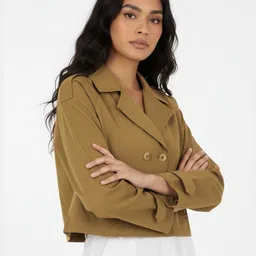 glitchez Notched Lapel Collar Double Breasted Crop Overcoat-image-1