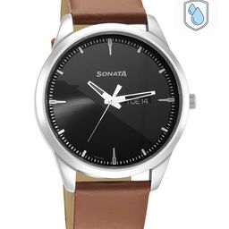 Sonata Men Black Brass Dial & Brown Leather Straps Analogue Watch 7146SL04-picture-8