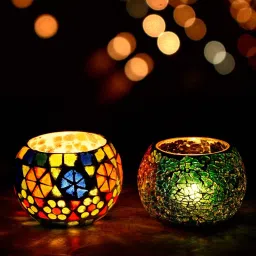 ecraftindia Mordern Multicolor Glass (Set of 2) Table Tea Light Holder image 1