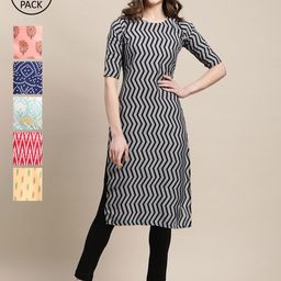 7threads 1 Stop Fashion Women Pack Of 6 Black & Blue Geometric Block Print Crepe Kurta-picture-17