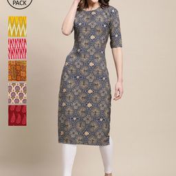 7threads KALINI Pack of 6 Women Yellow & Red Ethnic Motifs Printed Crepe Kurta-picture-43