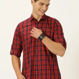 Mast & Harbour Red Classic Slim Fit Tartan Checked Twill Pure Cotton Casual Shirt-picture-26