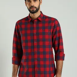 Indian Terrain Classic Slim Fit Buffalo Checked Spread Collar Cotton Shirt-picture-38