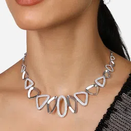 Zaveri Pearls Silver-Plated Cubic Zirconia Stone Studded Necklace And Earrings-picture-28