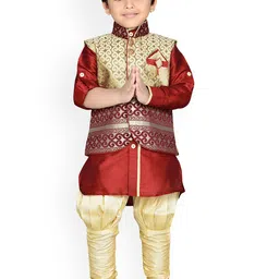 Aj DEZInES Boys Maroon Embroidered Kurta with Pyjamas & Nehru Jacket-picture-36