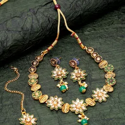 ANIKAS CREATION Gold-Plated Green & Beige Kundan Studded Handcrafted Enamelled Jewellery Set image 1