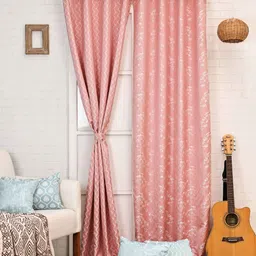 Ariana Coral & White Set of 2 Embroidered Room Darkening Window Curtain-picture-16
