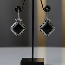 NILKANTH Silver-Plated Artificial Stones Studded Oxidised Diamond Shaped Drop Earrings image 2