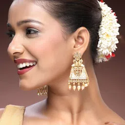 ADIVA 22K Gold-Plated Kundan Studded & Beaded Meenakari Peacock Shaped Drop Earrings image 3