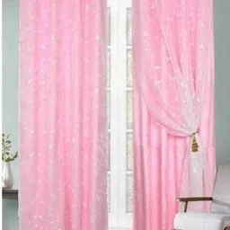 Aura Pink & White 2 Pieces Floral Embroidered Velvet Long Door Curtains-picture-39