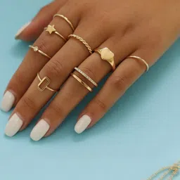 TheVineGirl Set Of 8 Gold Plated Cubic Zirconia Studded Adjustable Finger Rings-picture-21