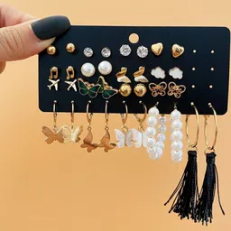 DressBerry Set Of 17 Gold Plated Pearls Studded & Beaded Circular Shaped Korean Studs-image-60