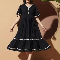 OTABU Women V-Neck Smocked Fit and Flare Midi Dress-picture-28