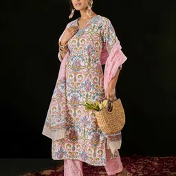 Anouk White Floral Printed Thread Work Pure Cotton Straight Kurta With Trousers & Dupatta image 3