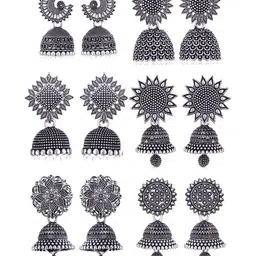 Sangria Set Of 6 Silver Plated Oxidized Jhumka Earrings-picture-41