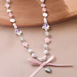 rubans Rhodium Plated Multicolor Beaded Necklace with Heart Pendant and Pink Ribbon Bow-picture-37