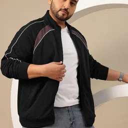 Sztori Plus Size Contrast Piping Mock Collar Raglan Sleeves Zip-Up Terry Sweatshirt-image-57