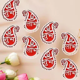 ecraftindia Maroon Wood Wooden Shubh Labh Diya Decorative Showpieces for Diwali Home Decoration (Set of 4)-picture-16