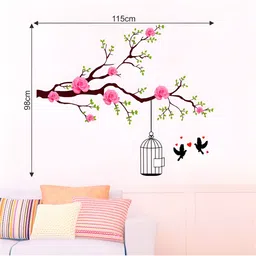 Aura Rose & Green Branch with Bird Cage Printed Self Adhesive Wall Sticker image 2
