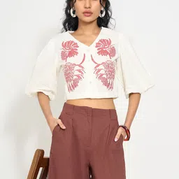 AKKRITI BY PANTALOONS Embellished Embroidered Puff Sleeve Cotton Crop Top-picture-11