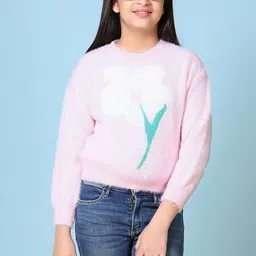 V-Mart Girls Floral Self Design Acrylic Knitted Hair Yarn Round Neck Sweater Pullover-image-23