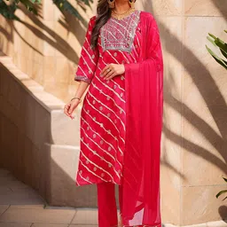 Banwaree Leheriya Printed Thread Work Pure Cotton Straight Kurta With Trousers & Dupatta-picture-30