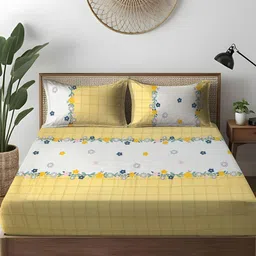 WEAVE AND DECOR Yellow Floral Microfiber 300TC Super King Fitted Bedsheet Set-1.98mx1.98m-image-73