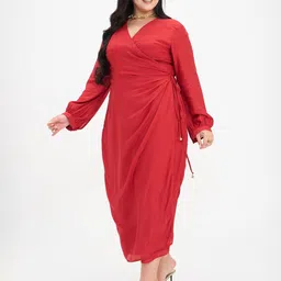 Virgio Women Solid Viscose V-Neck Wrap Plus Size Midi Dress with Tie Up image 4