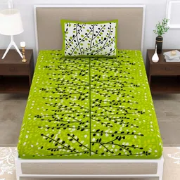 ABHACLOTHO Lime Green Floral 144 TC Single Bedsheet with 1 Pillow Covers-image-45